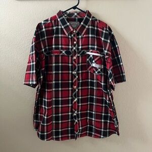 MO7 Men’s Plaid Button‑Down Shirt | 4XL | Red, Black & White | Short Sleeve